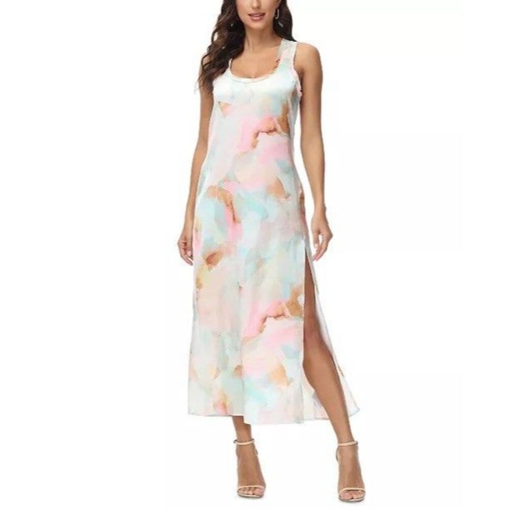 FRYE Lela Womens Medium Dress Maxi Satin‎ Side Slit Tank Watercolor Floral